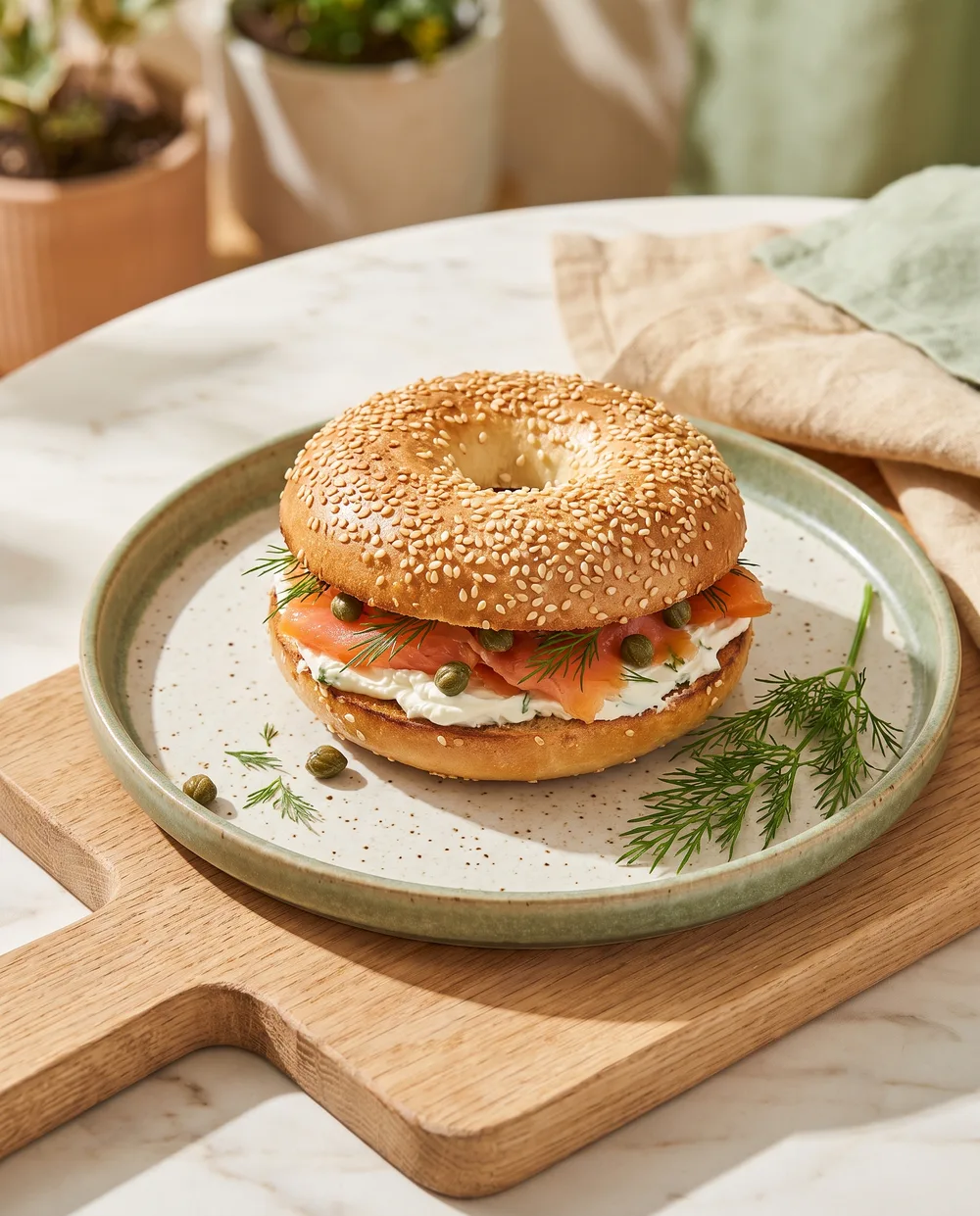 A smoked salmon and cream cheese bagel with dill and capers