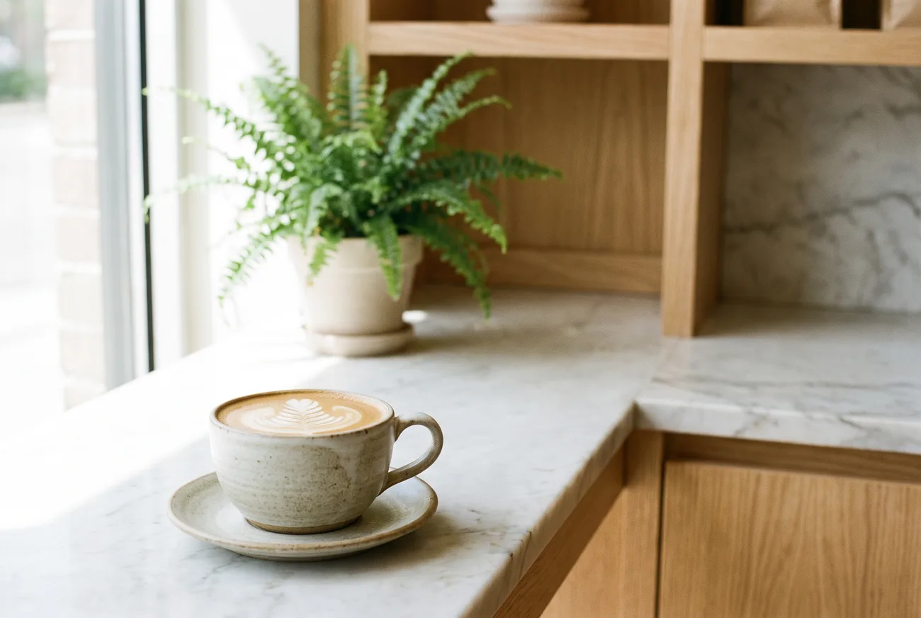 A flat white with latte art on a marble counter