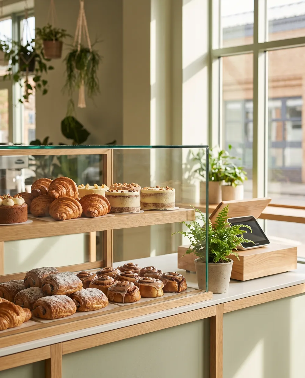 The pastry counter with croissants and cakes under warm light