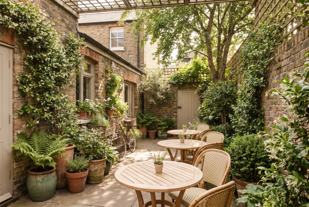 A leafy courtyard garden with potted plants and small café tables