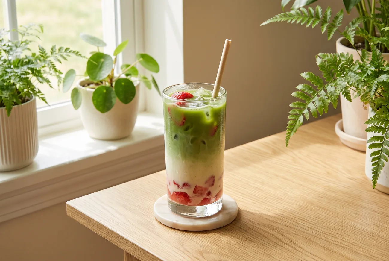 An iced strawberry matcha latte in a tall glass with a paper straw